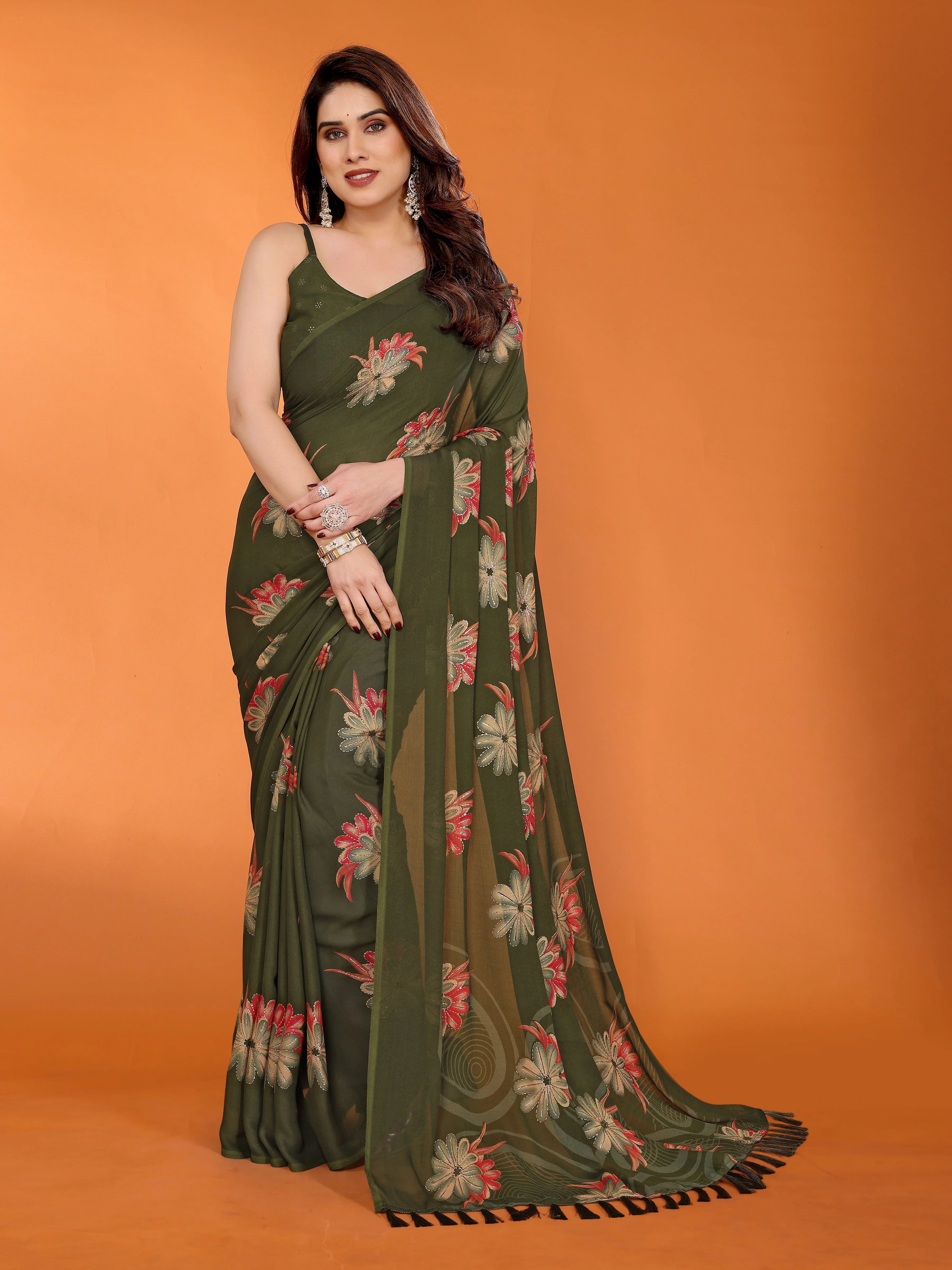 SHYAMIKA Floral Moss Satin Patta Printed Saree with Zari & Blouse