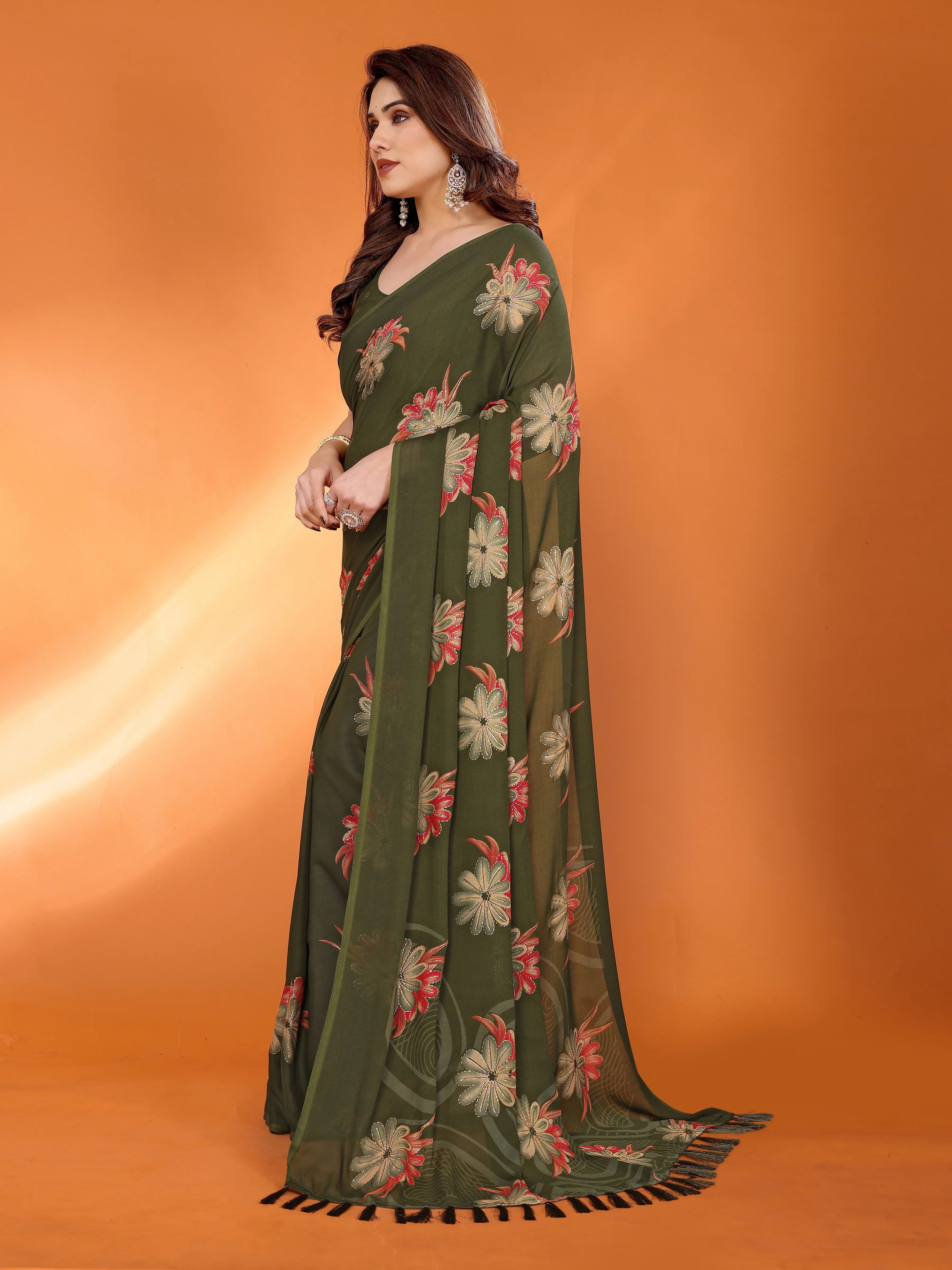SHYAMIKA Floral Moss Satin Patta Printed Saree with Zari & Blouse