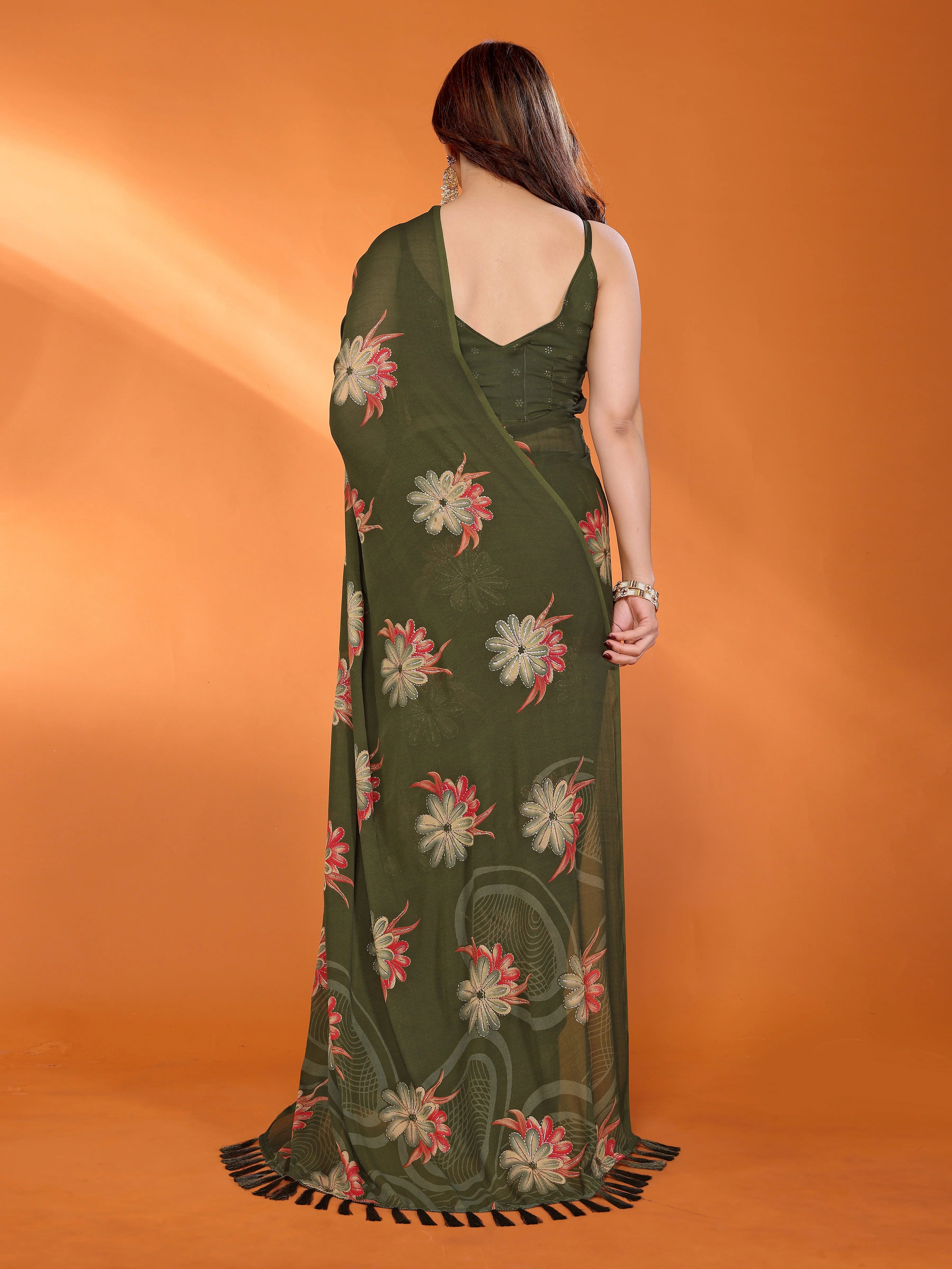 SHYAMIKA Floral Moss Satin Patta Printed Saree with Zari & Blouse