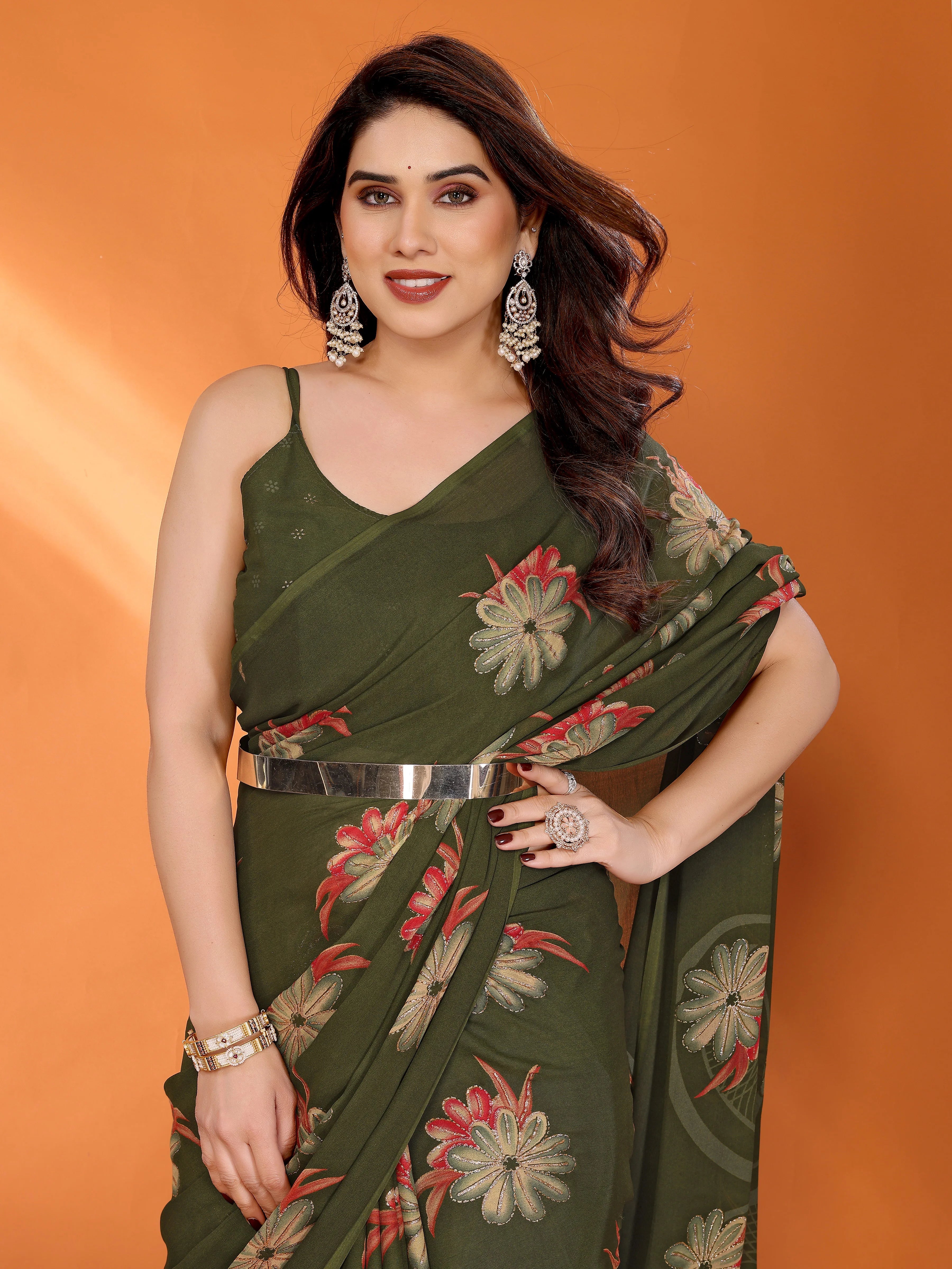 SHYAMIKA Floral Moss Satin Patta Printed Saree with Zari & Blouse