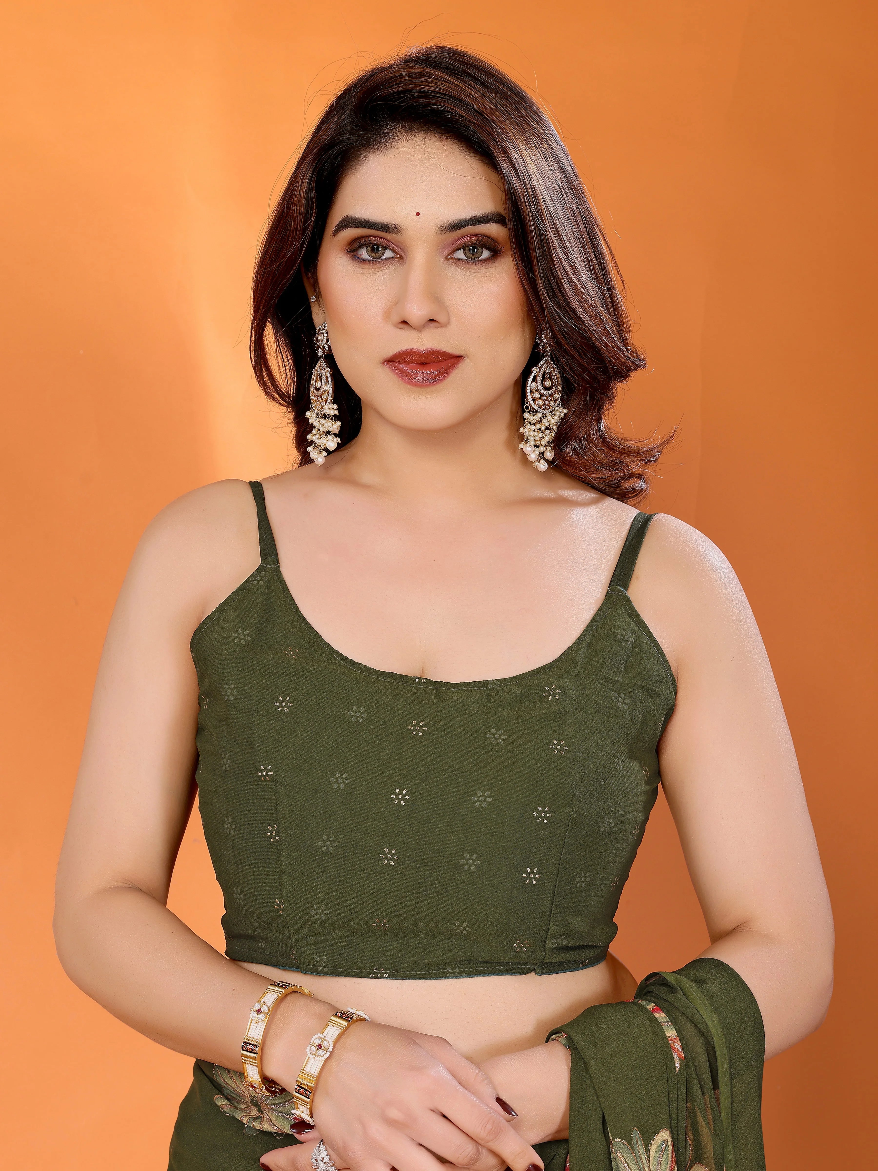 SHYAMIKA Floral Moss Satin Patta Printed Saree with Zari & Blouse