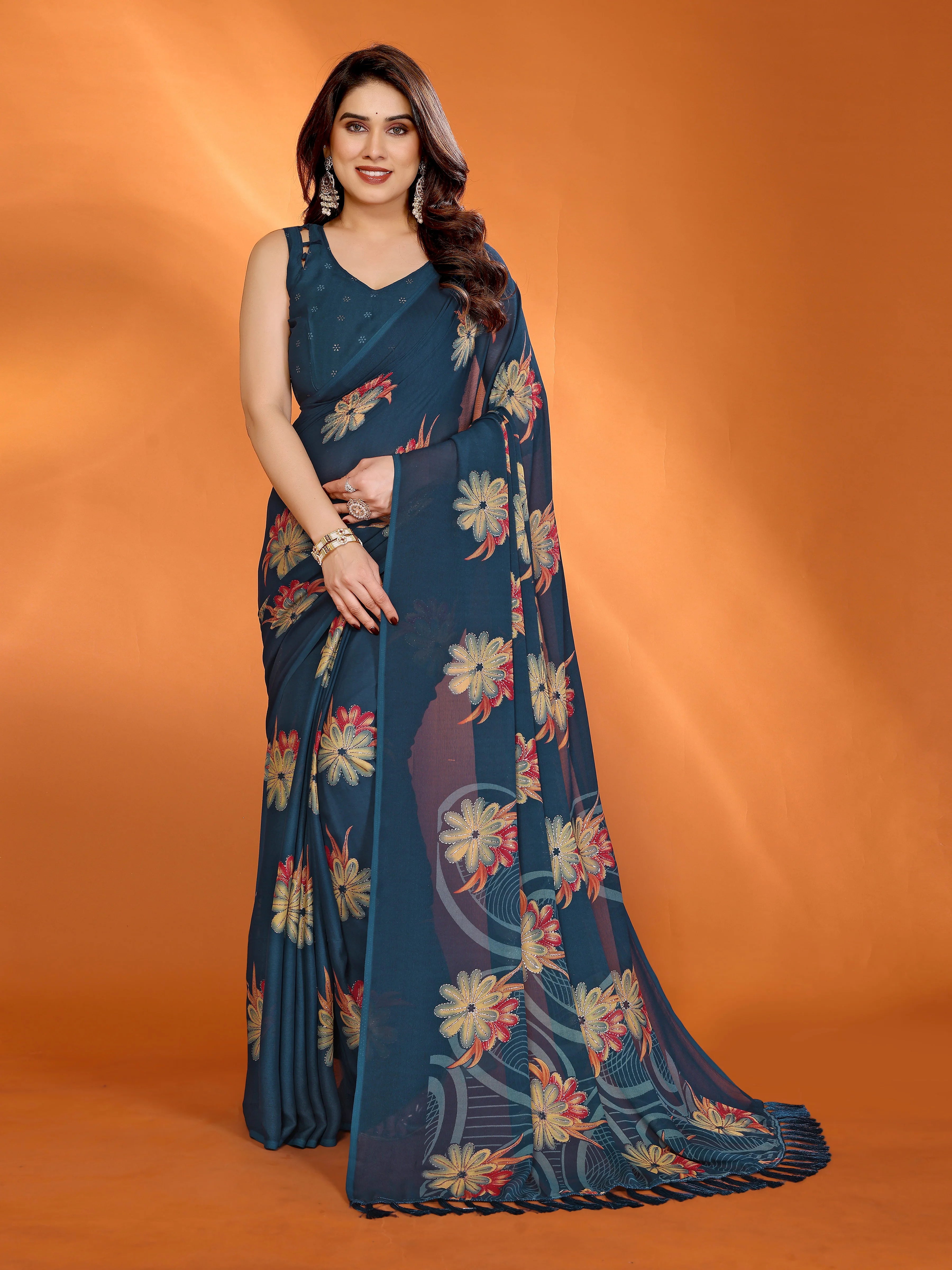 SHYAMIKA Floral Moss Satin Patta Printed Saree with Zari & Blouse