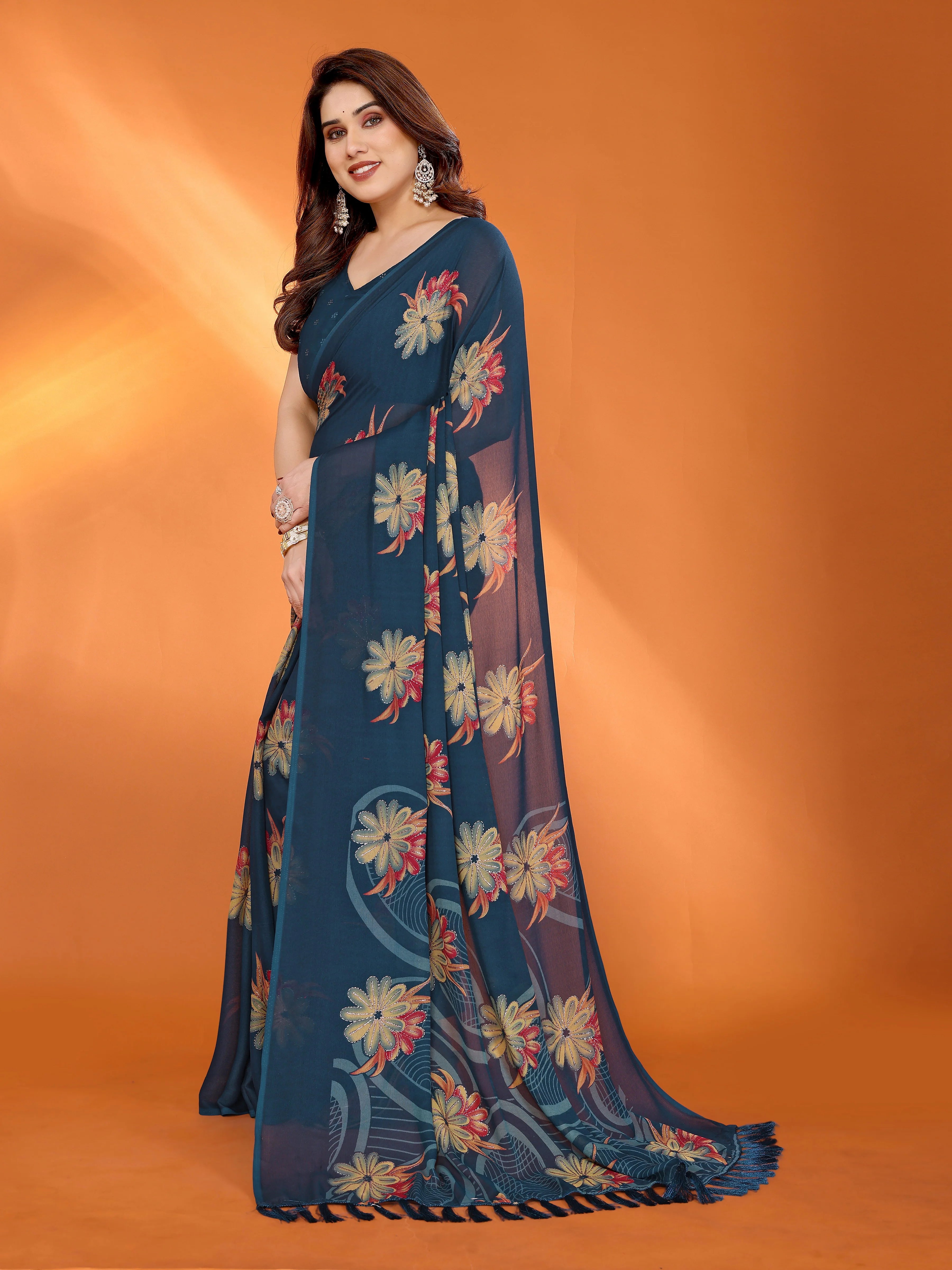 SHYAMIKA Floral Moss Satin Patta Printed Saree with Zari & Blouse