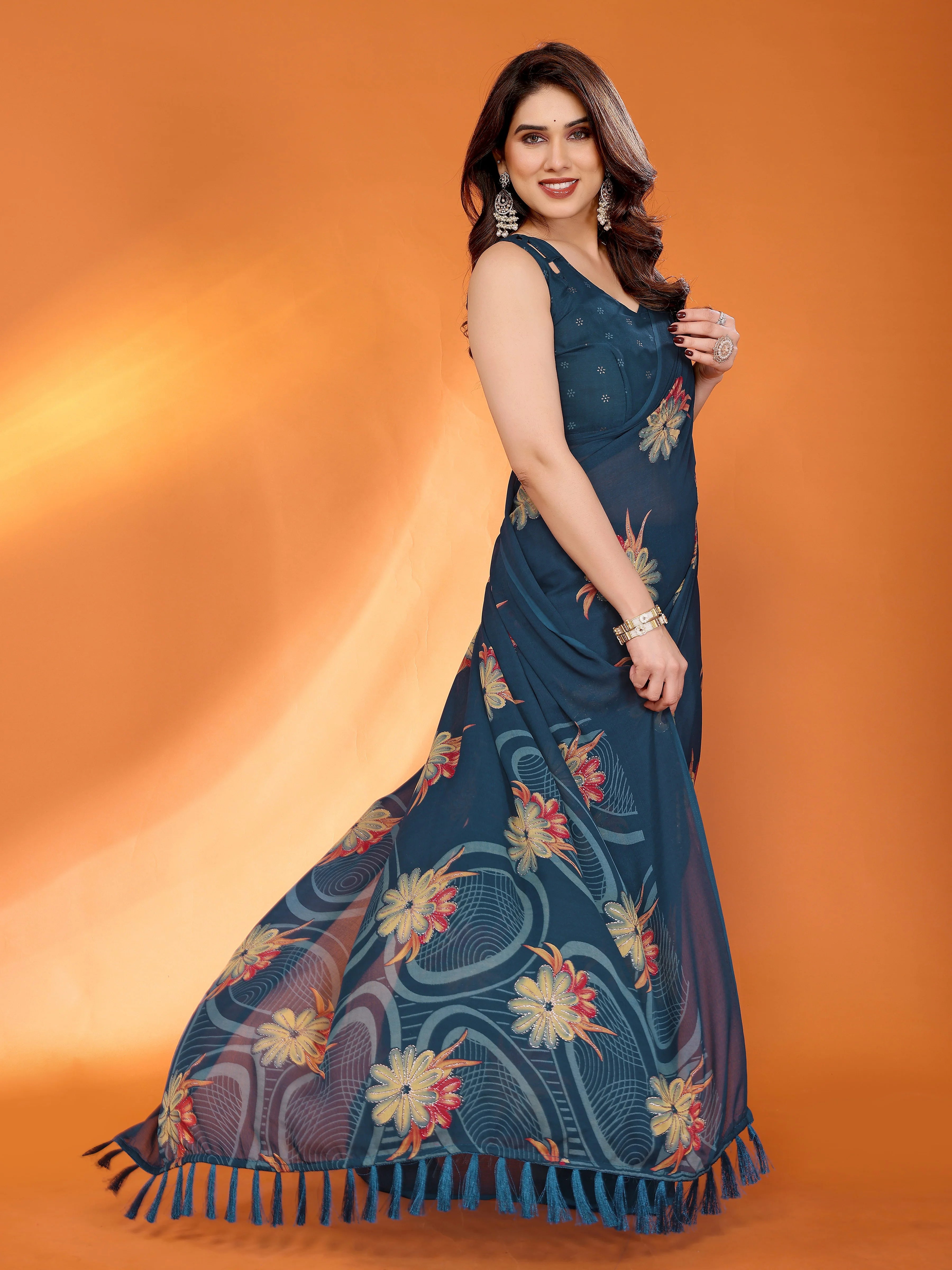 SHYAMIKA Floral Moss Satin Patta Printed Saree with Zari & Blouse