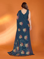 SHYAMIKA Floral Moss Satin Patta Printed Saree with Zari & Blouse