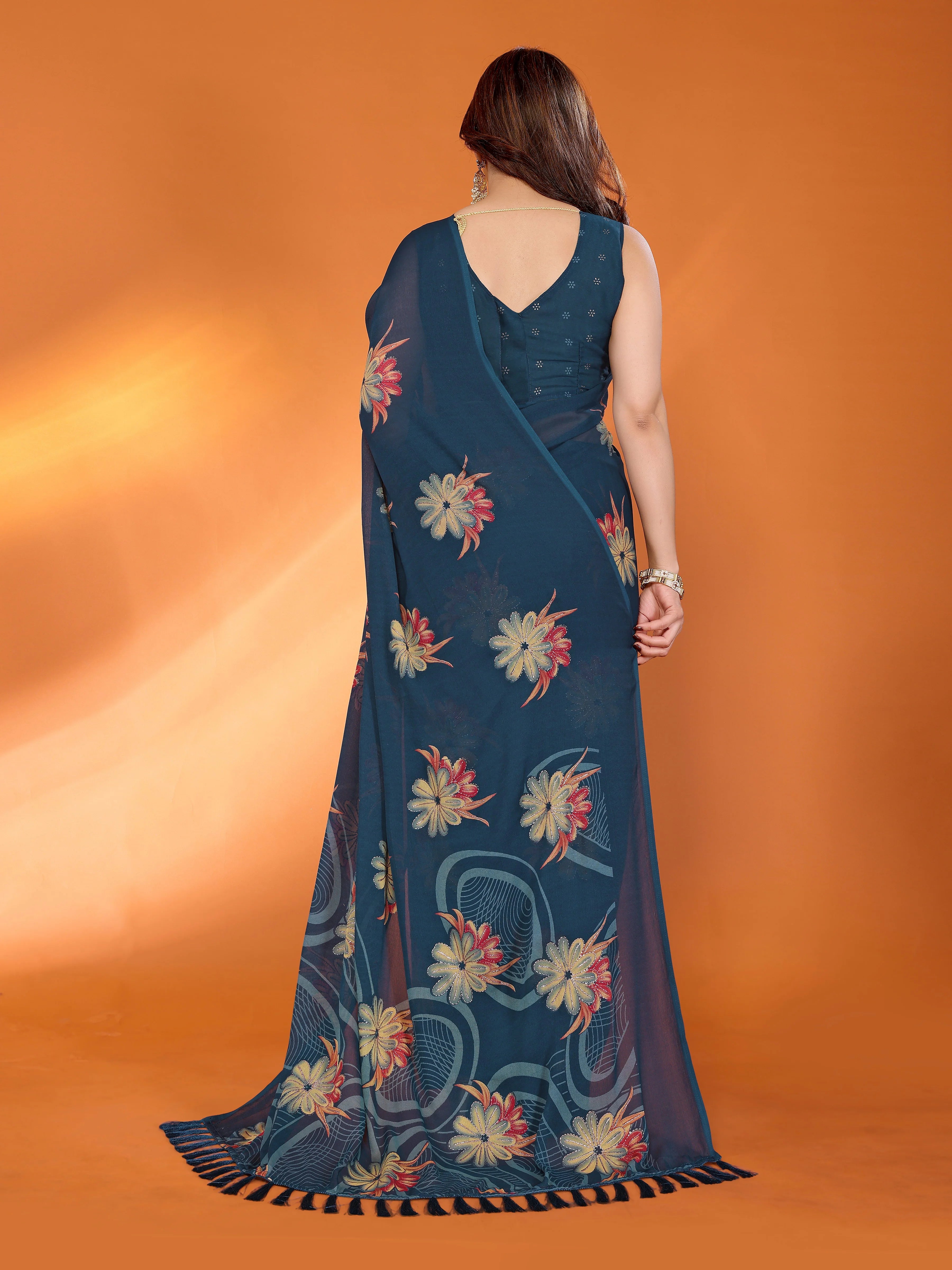 SHYAMIKA Floral Moss Satin Patta Printed Saree with Zari & Blouse
