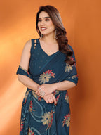 SHYAMIKA Floral Moss Satin Patta Printed Saree with Zari & Blouse