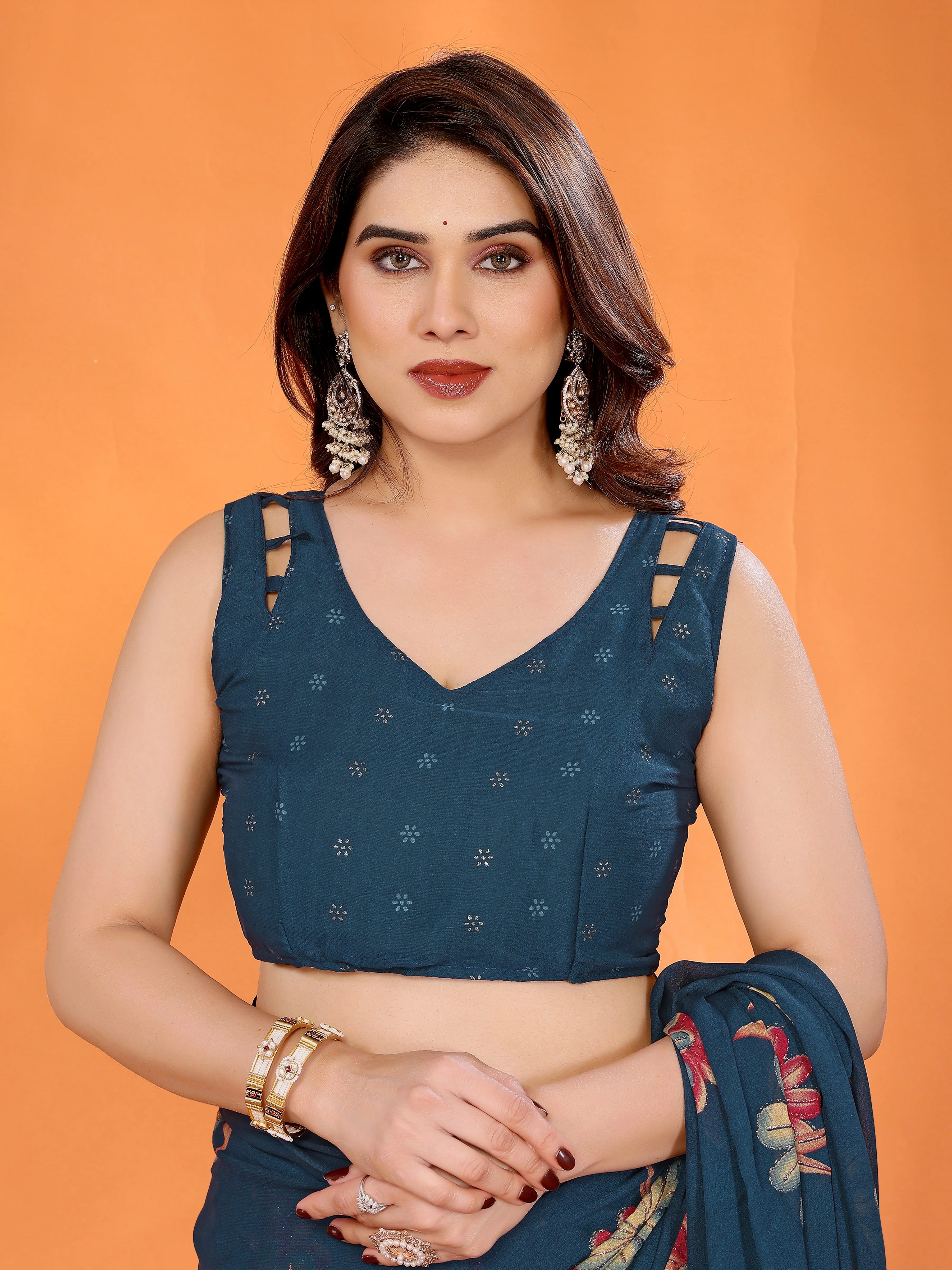 SHYAMIKA Floral Moss Satin Patta Printed Saree with Zari & Blouse