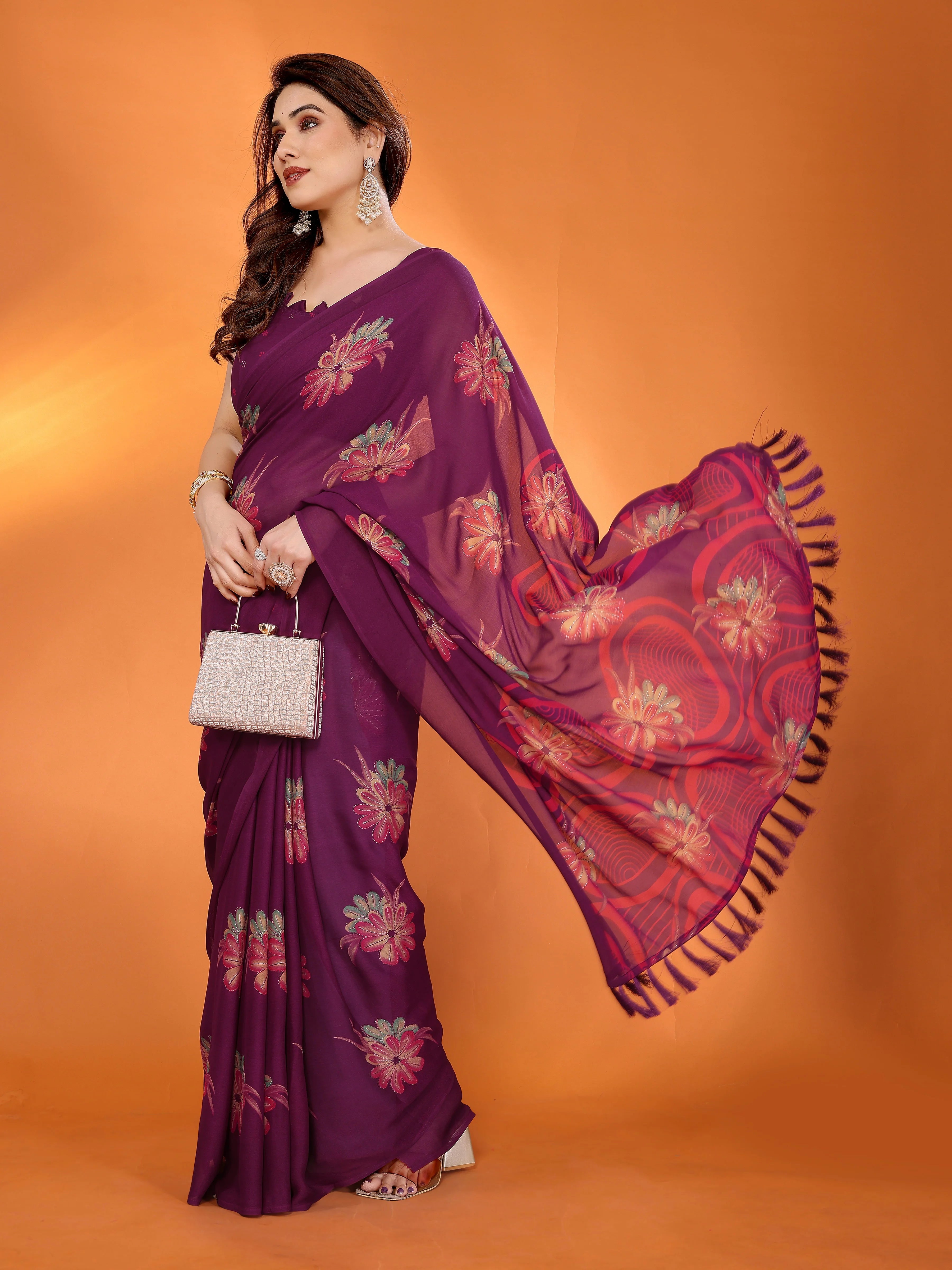 SHYAMIKA Floral Moss Satin Patta Printed Saree with Zari & Blouse