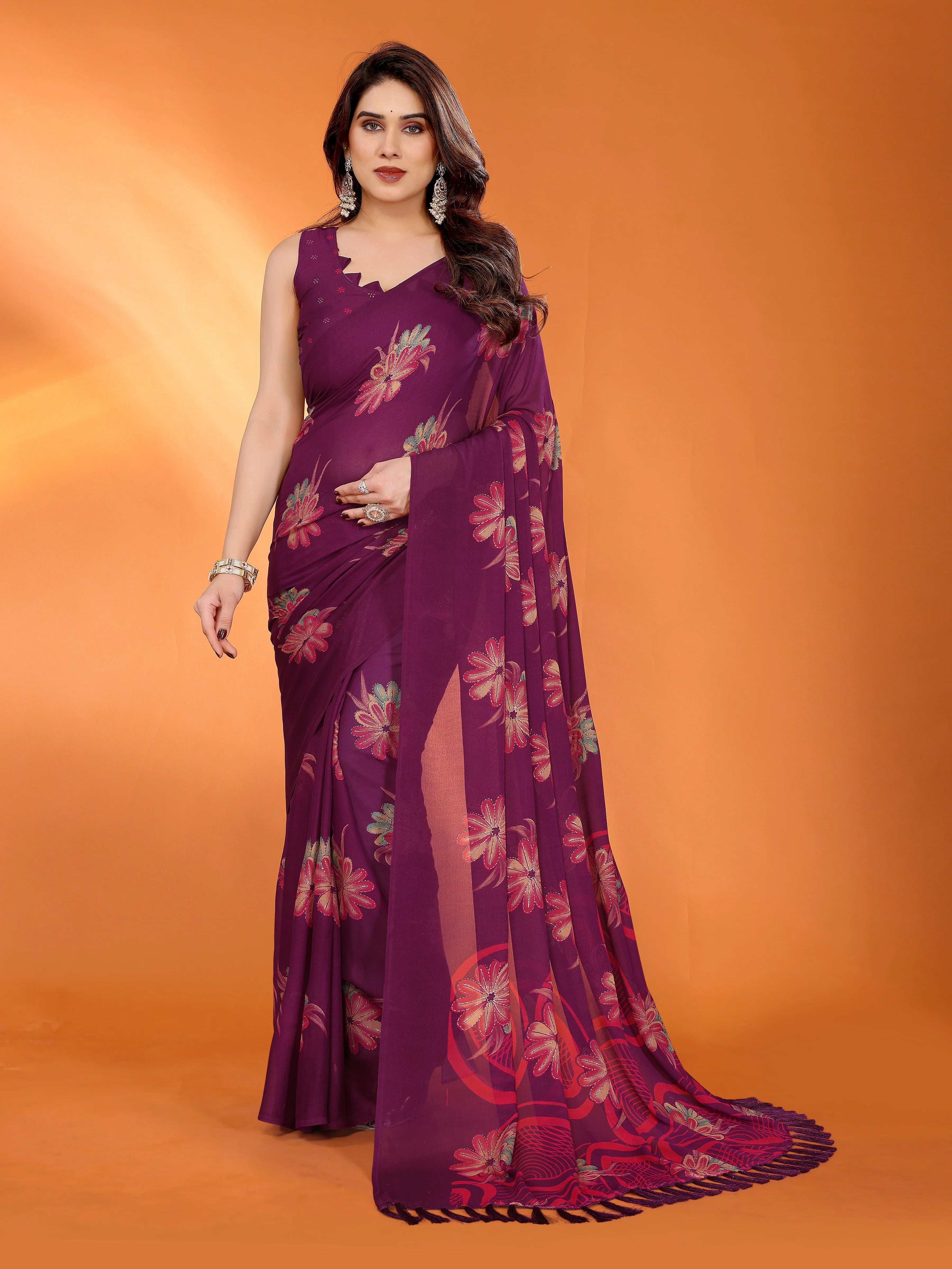 SHYAMIKA Floral Moss Satin Patta Printed Saree with Zari & Blouse