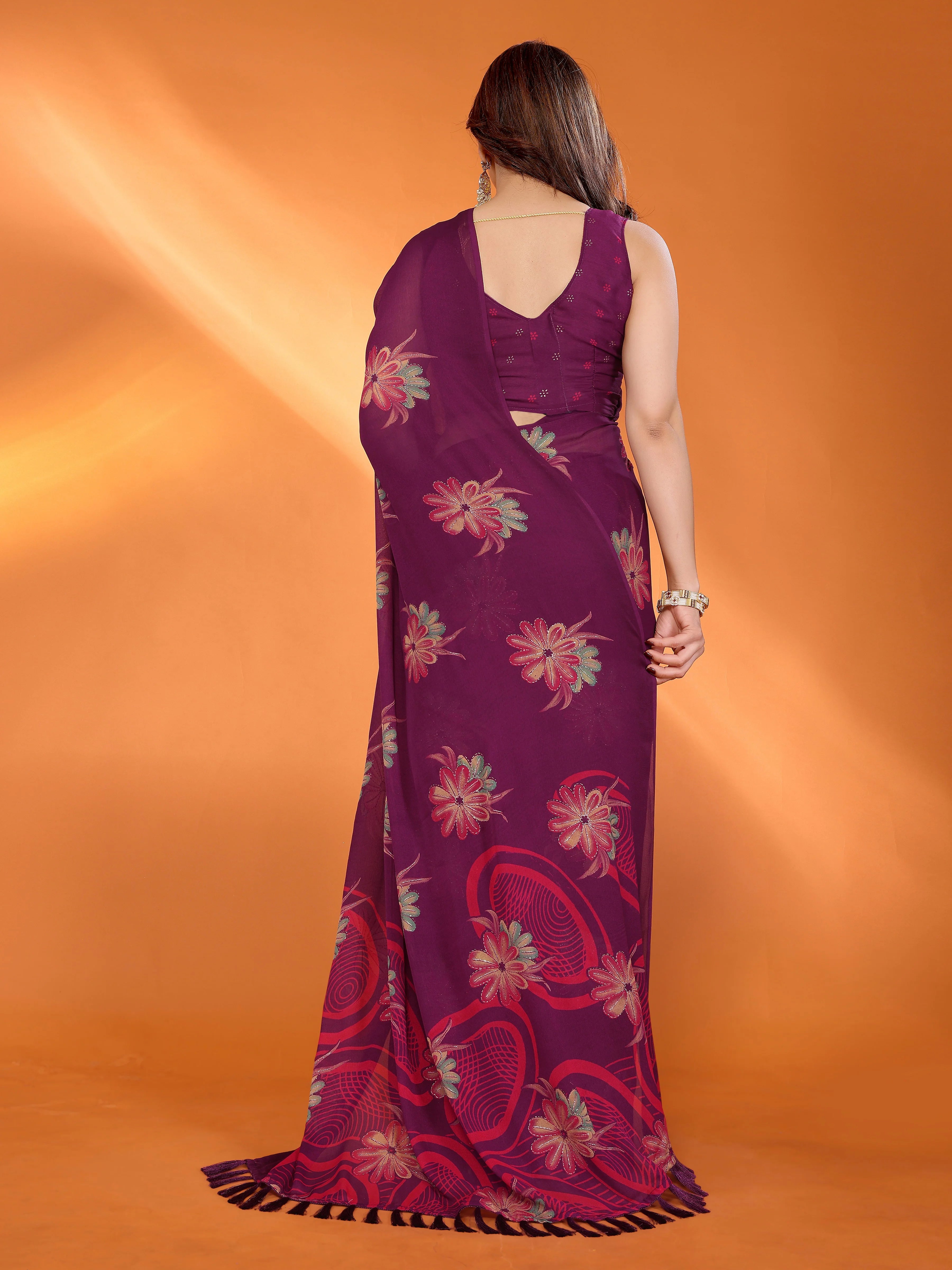SHYAMIKA Floral Moss Satin Patta Printed Saree with Zari & Blouse