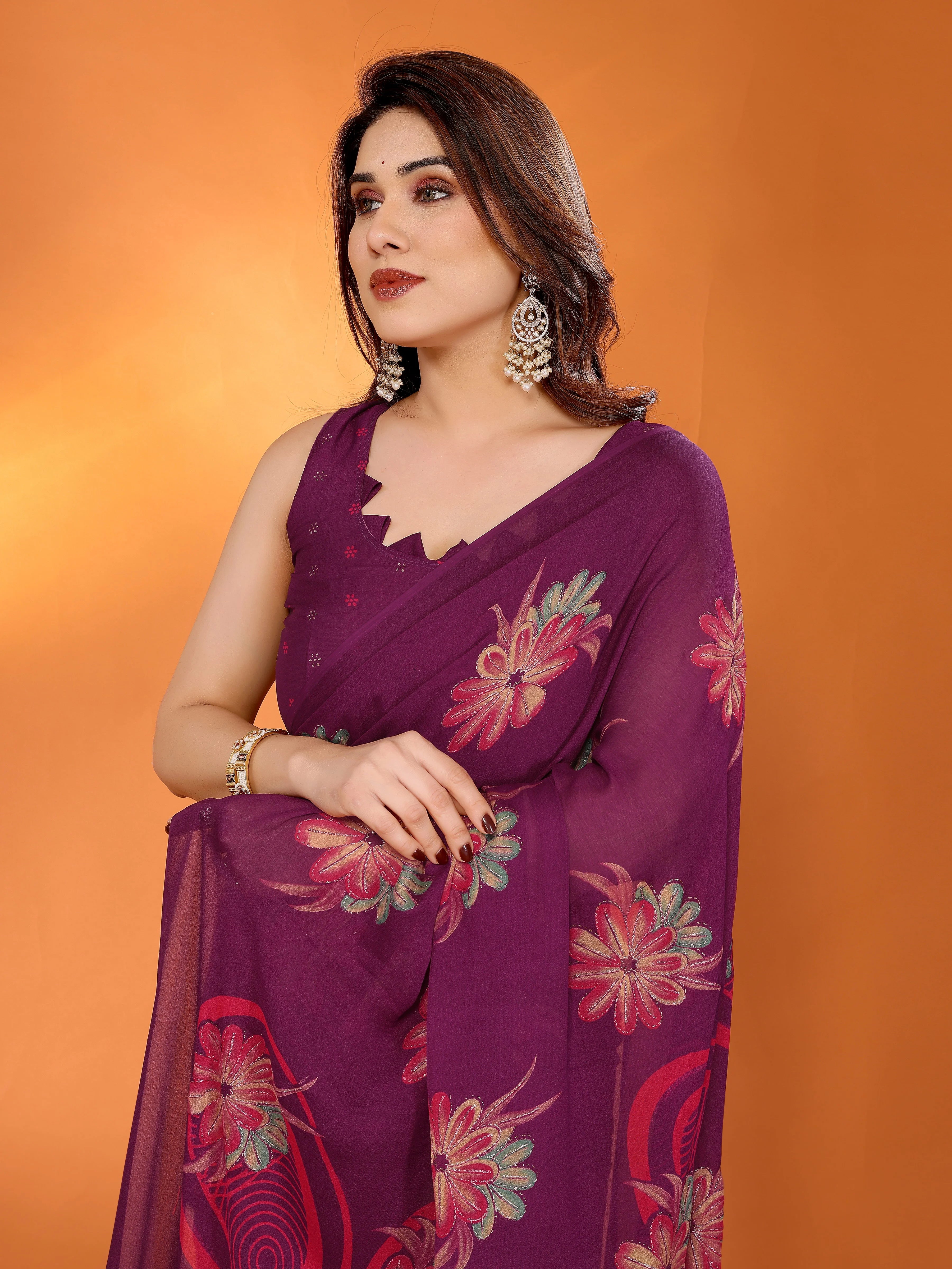 SHYAMIKA Floral Moss Satin Patta Printed Saree with Zari & Blouse