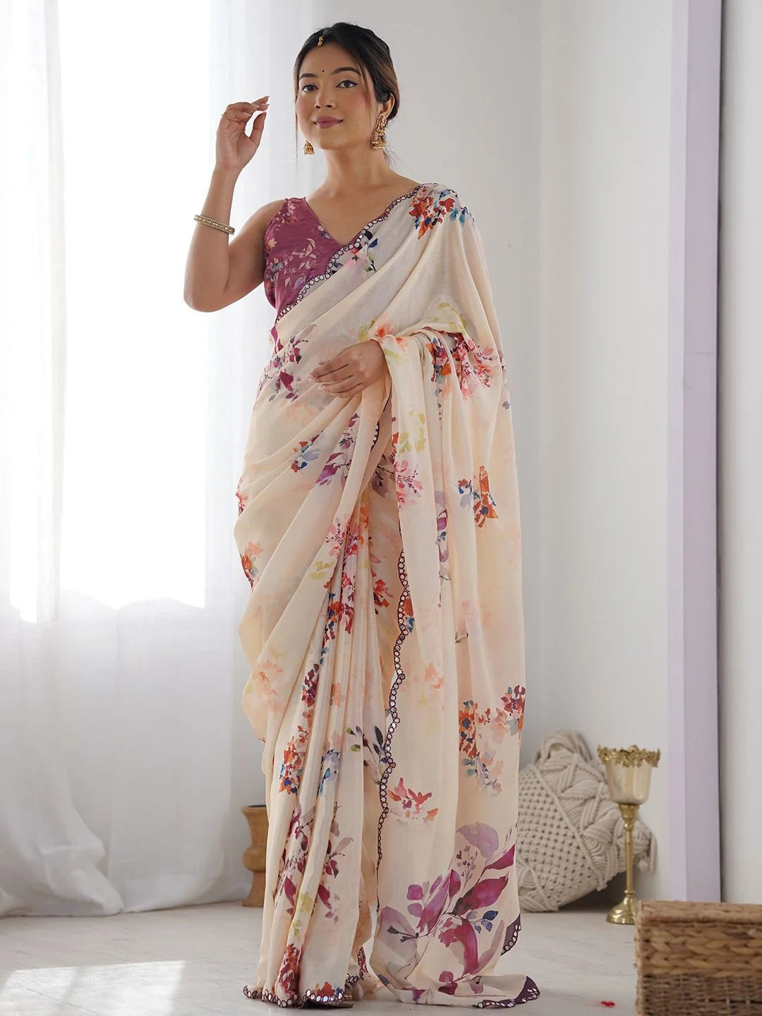 SHYAMIKA Cream Floral Digital Print Georgette Saree with Mirror Work & Blouse