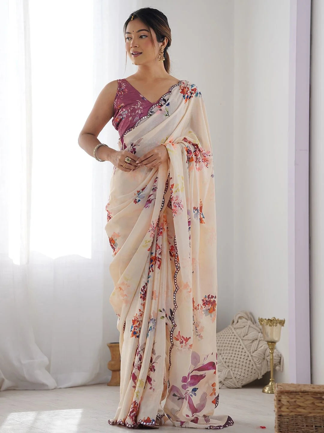 SHYAMIKA Cream Floral Digital Print Georgette Saree with Mirror Work & Blouse