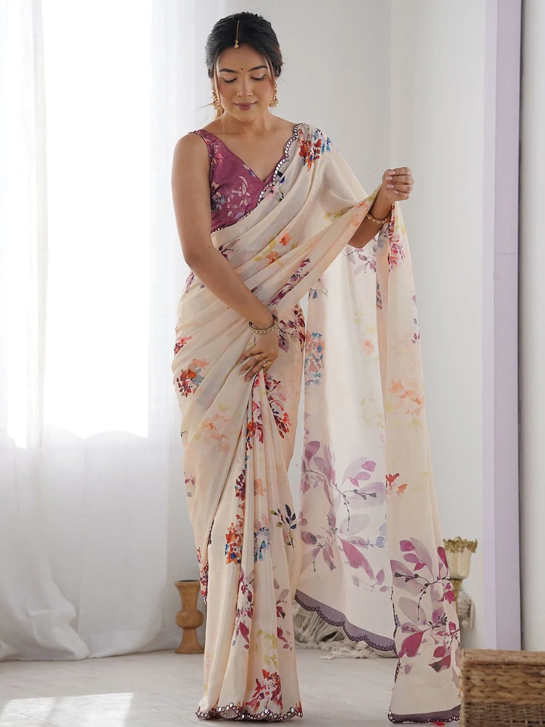 SHYAMIKA Cream Floral Digital Print Georgette Saree with Mirror Work & Blouse