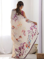 SHYAMIKA Cream Floral Digital Print Georgette Saree with Mirror Work & Blouse