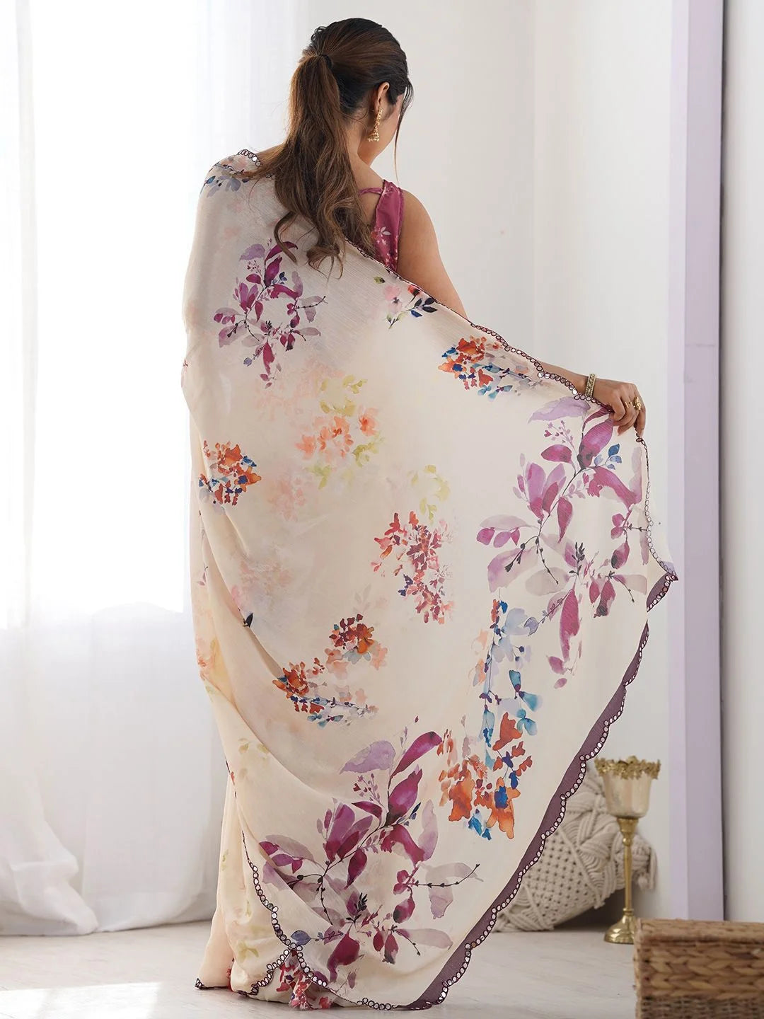 SHYAMIKA Cream Floral Digital Print Georgette Saree with Mirror Work & Blouse