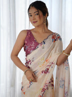 SHYAMIKA Cream Floral Digital Print Georgette Saree with Mirror Work & Blouse