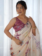 SHYAMIKA Cream Floral Digital Print Georgette Saree with Mirror Work & Blouse
