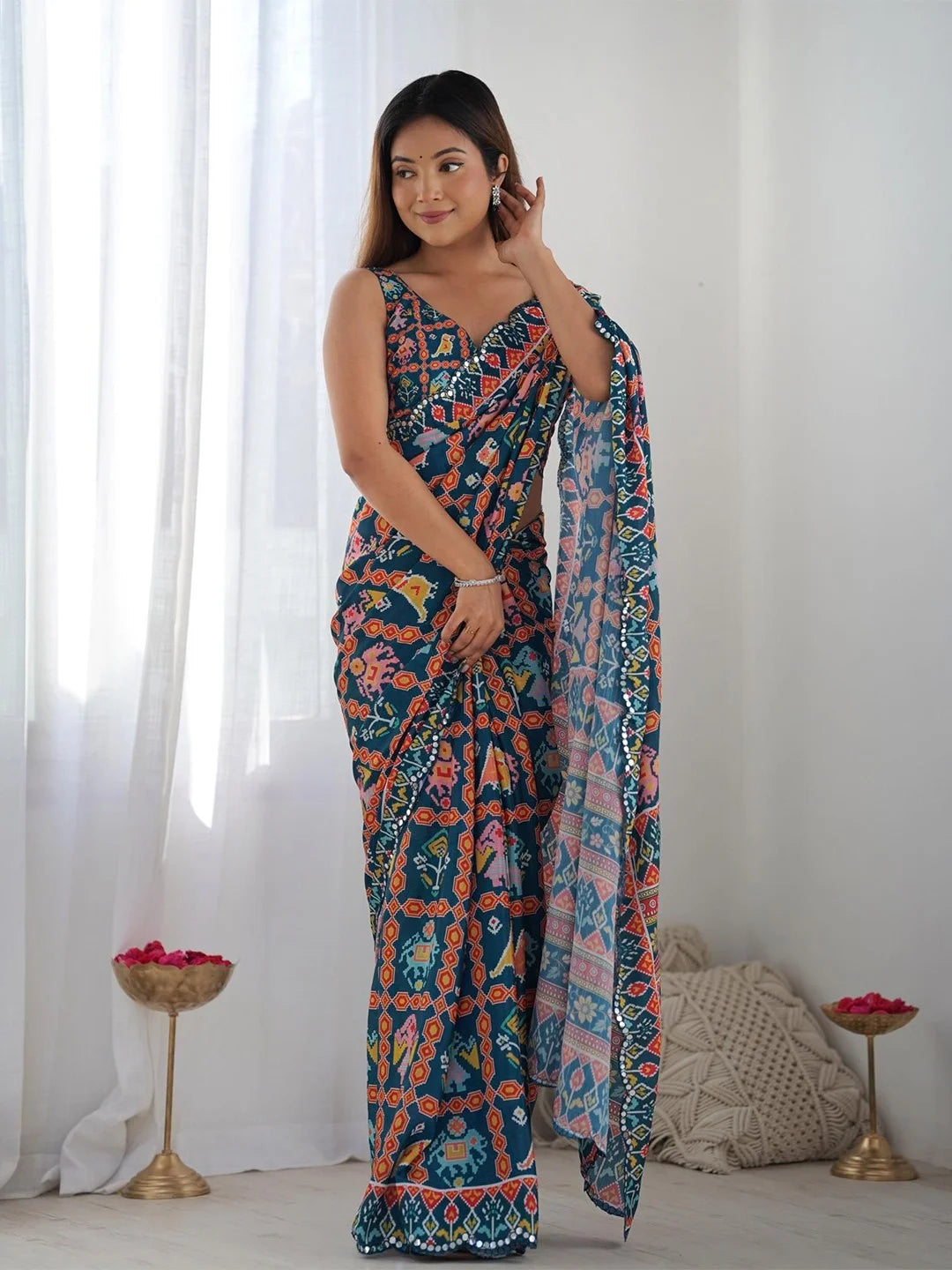 SHYAMIKA Dark Blue Multicolor Ethnic Print Saree with Mirror Lace Border