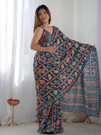 SHYAMIKA Dark Blue Multicolor Ethnic Print Saree with Mirror Lace Border