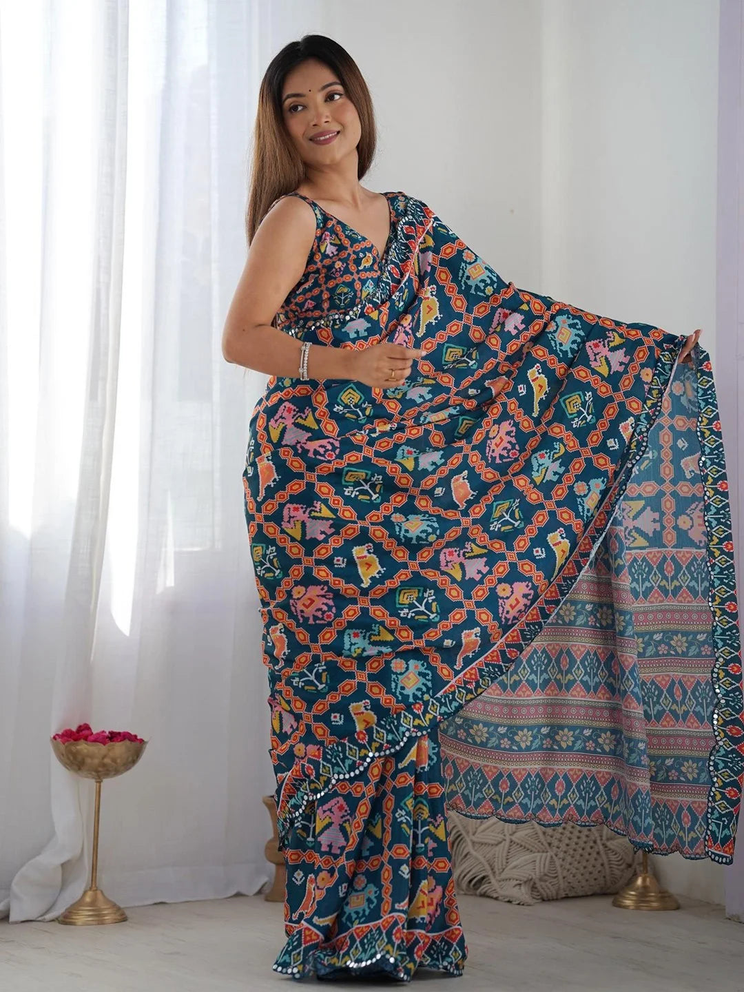 SHYAMIKA Dark Blue Multicolor Ethnic Print Saree with Mirror Lace Border