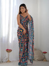 SHYAMIKA Dark Blue Multicolor Ethnic Print Saree with Mirror Lace Border