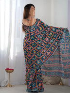 SHYAMIKA Dark Blue Multicolor Ethnic Print Saree with Mirror Lace Border