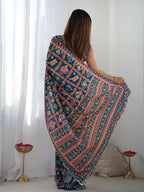 SHYAMIKA Dark Blue Multicolor Ethnic Print Saree with Mirror Lace Border
