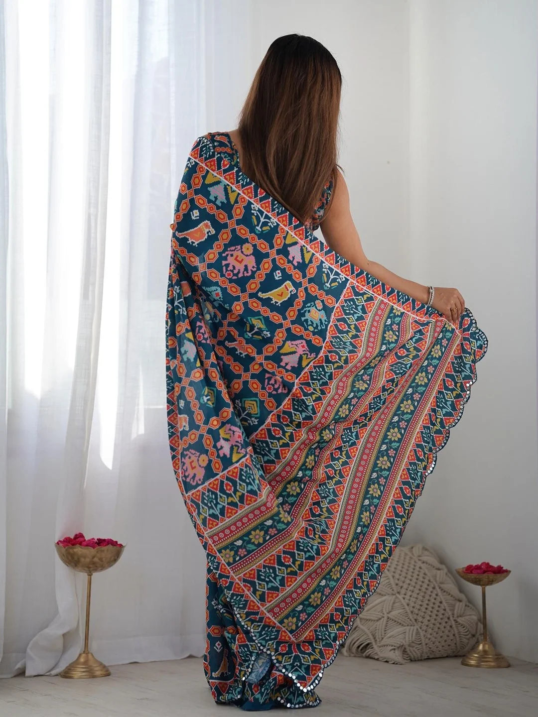 SHYAMIKA Dark Blue Multicolor Ethnic Print Saree with Mirror Lace Border
