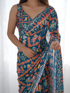 SHYAMIKA Dark Blue Multicolor Ethnic Print Saree with Mirror Lace Border