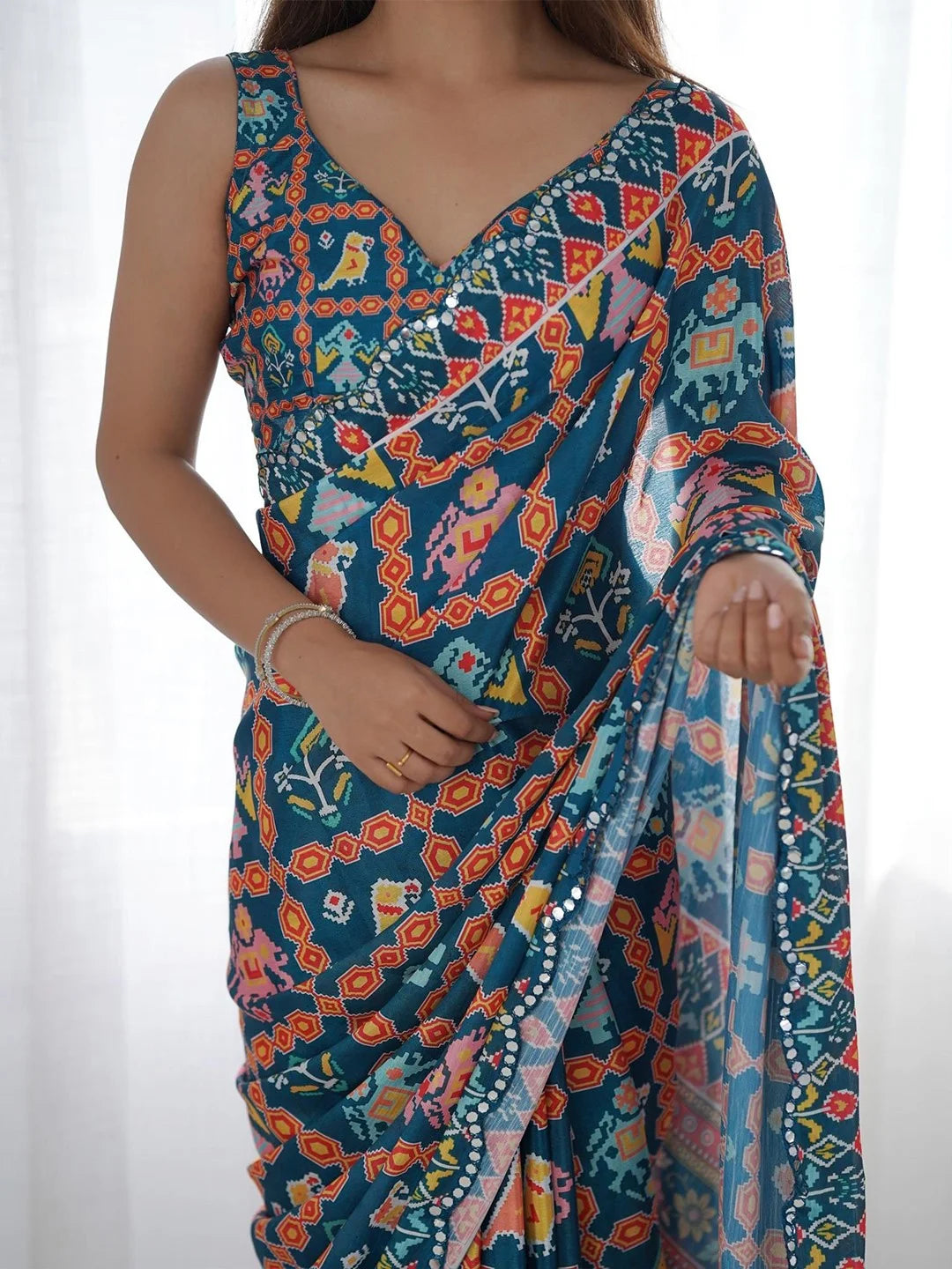 SHYAMIKA Dark Blue Multicolor Ethnic Print Saree with Mirror Lace Border