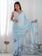 SHYAMIKA Denim Blue Floral Digital Print Saree with Mirror Lace Border