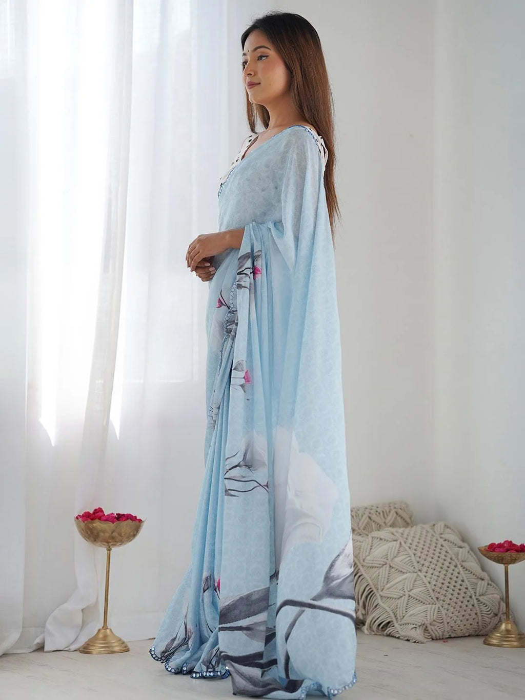 SHYAMIKA Denim Blue Floral Digital Print Saree with Mirror Lace Border