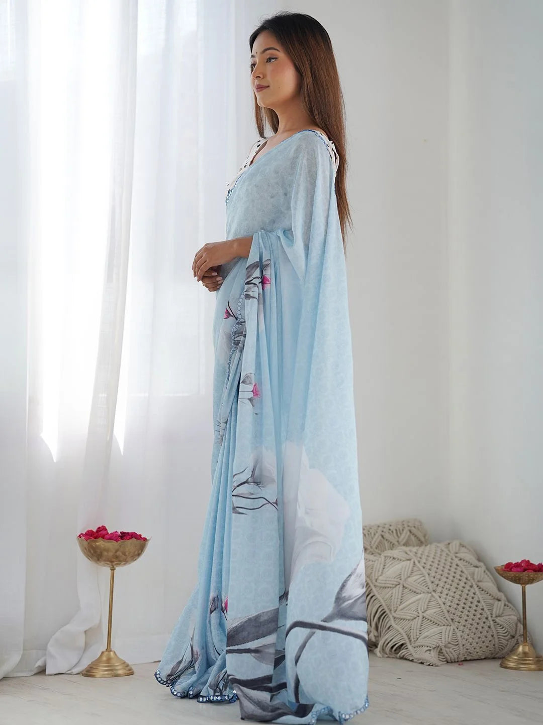 SHYAMIKA Denim Blue Floral Digital Print Saree with Mirror Lace Border