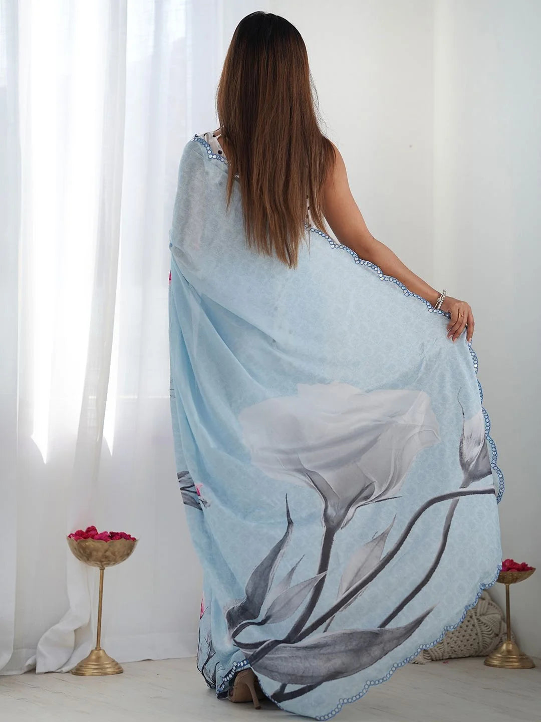 SHYAMIKA Denim Blue Floral Digital Print Saree with Mirror Lace Border