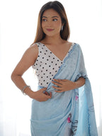 SHYAMIKA Denim Blue Floral Digital Print Saree with Mirror Lace Border