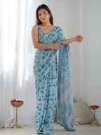SHYAMIKA Light Blue Ethnic Digital Print Saree with Mirror Lace