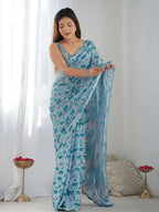 SHYAMIKA Light Blue Ethnic Digital Print Saree with Mirror Lace