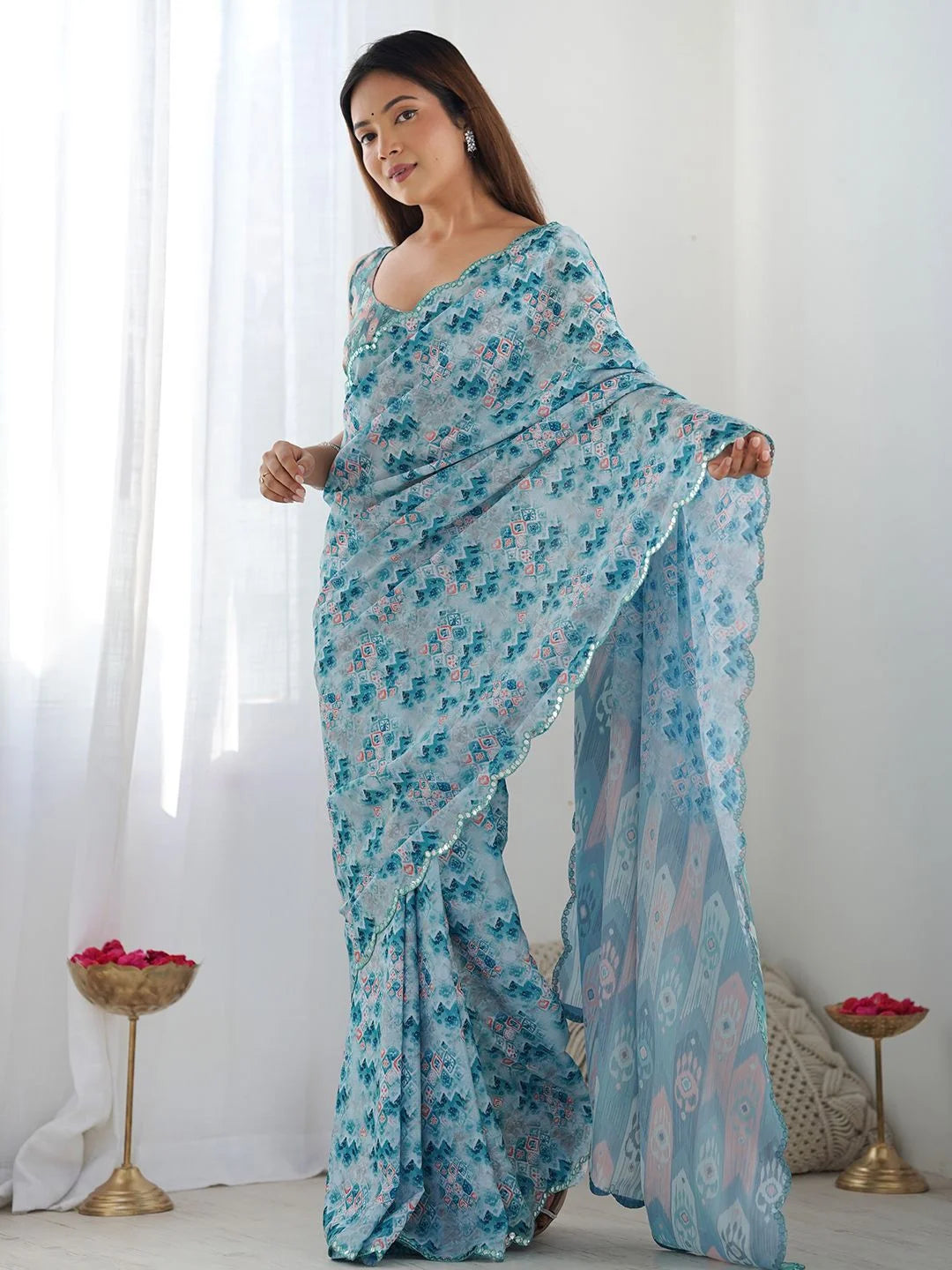 SHYAMIKA Light Blue Ethnic Digital Print Saree with Mirror Lace