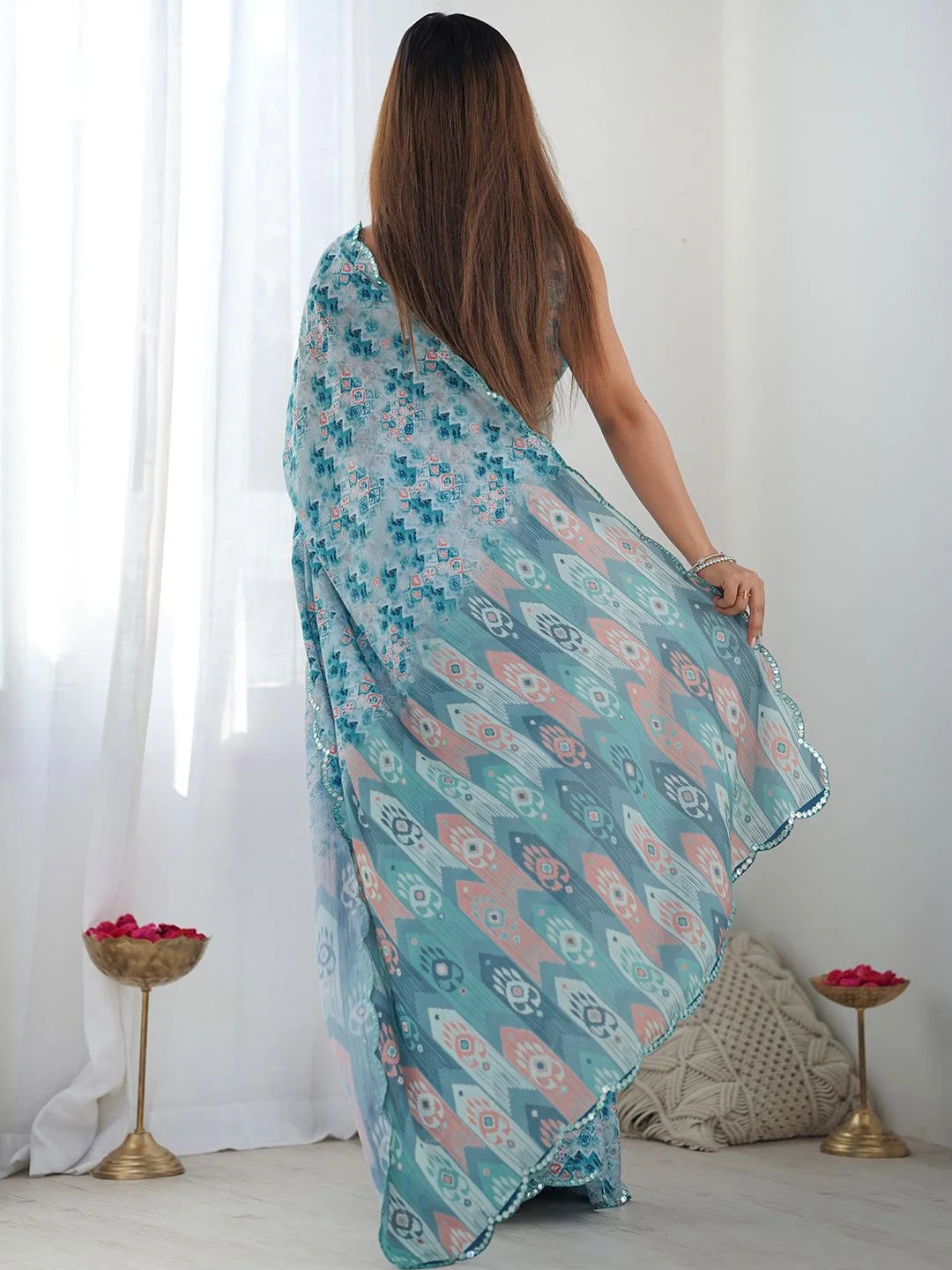 SHYAMIKA Light Blue Ethnic Digital Print Saree with Mirror Lace