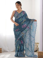 SHYAMIKA Morpinch Bandhani Print Georgette Saree with Mirror Lace