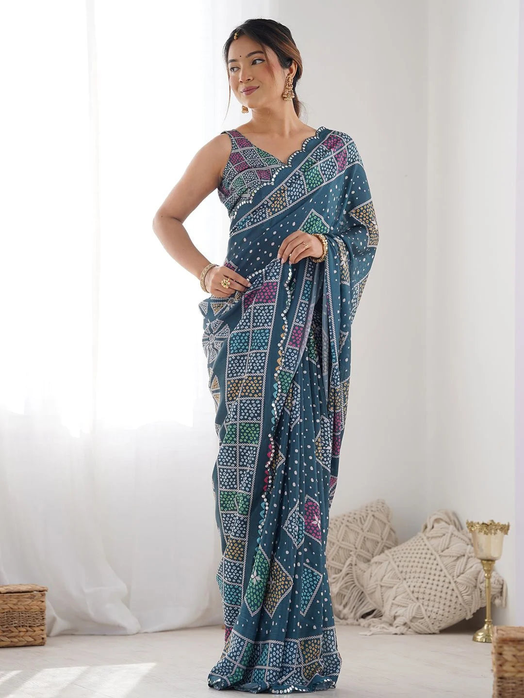 SHYAMIKA Morpinch Bandhani Print Georgette Saree with Mirror Lace