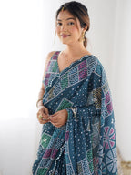 SHYAMIKA Morpinch Bandhani Print Georgette Saree with Mirror Lace