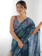 SHYAMIKA Morpinch Bandhani Print Georgette Saree with Mirror Lace