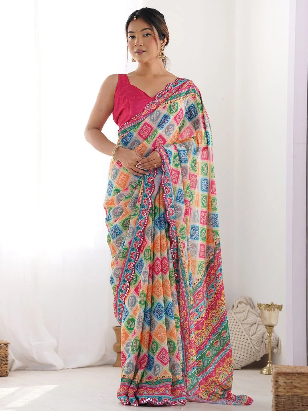 SHYAMIKA Multicolor Digital Print Georgette Saree with Mirror Lace