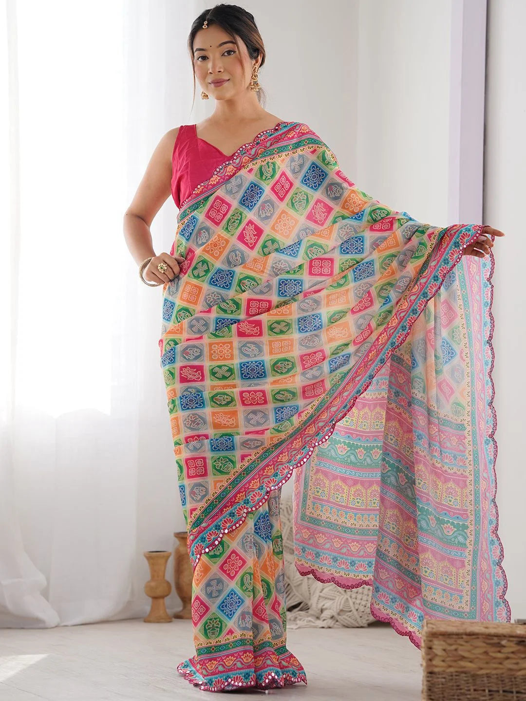 SHYAMIKA Multicolor Digital Print Georgette Saree with Mirror Lace