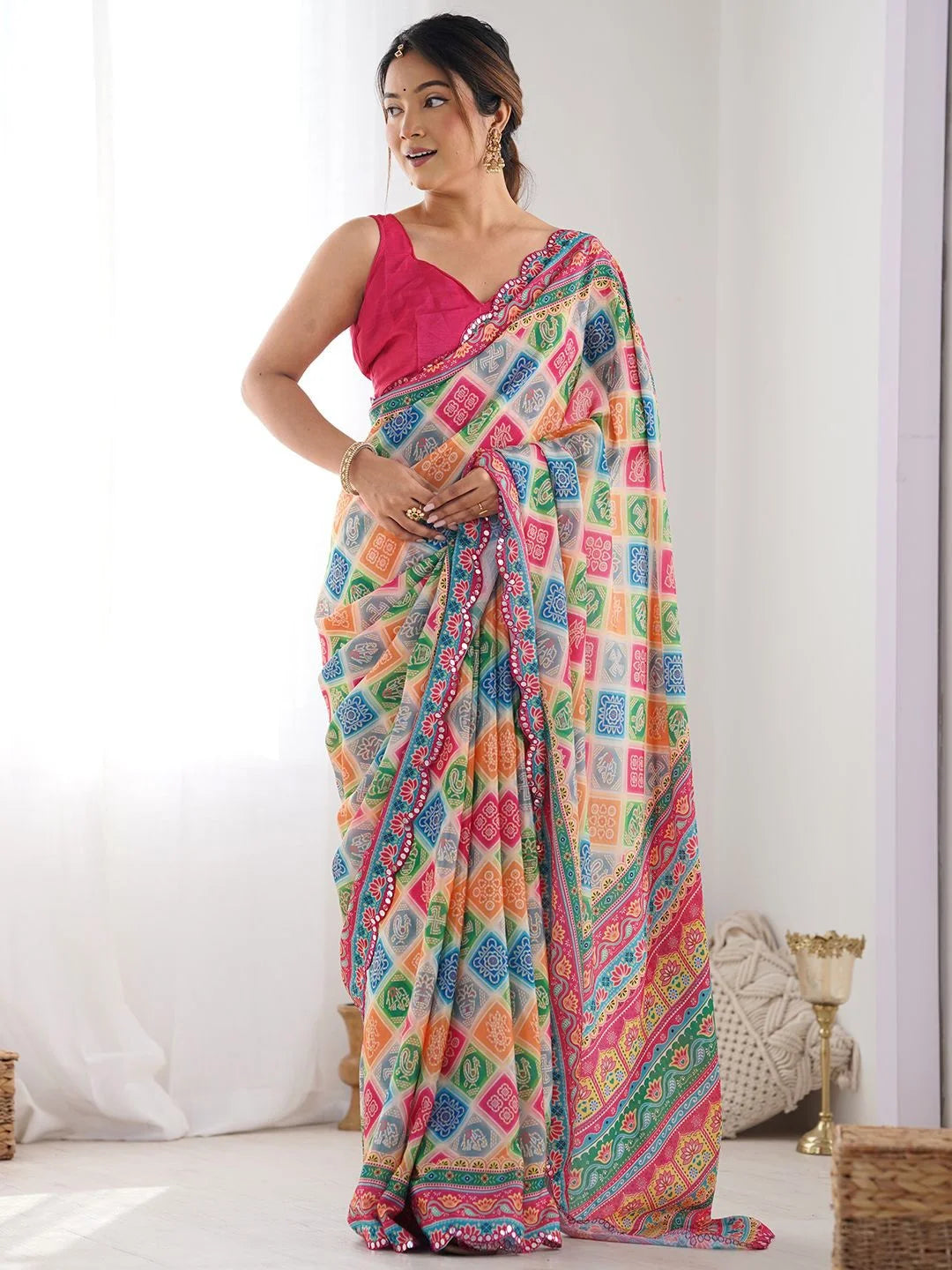 SHYAMIKA Multicolor Digital Print Georgette Saree with Mirror Lace