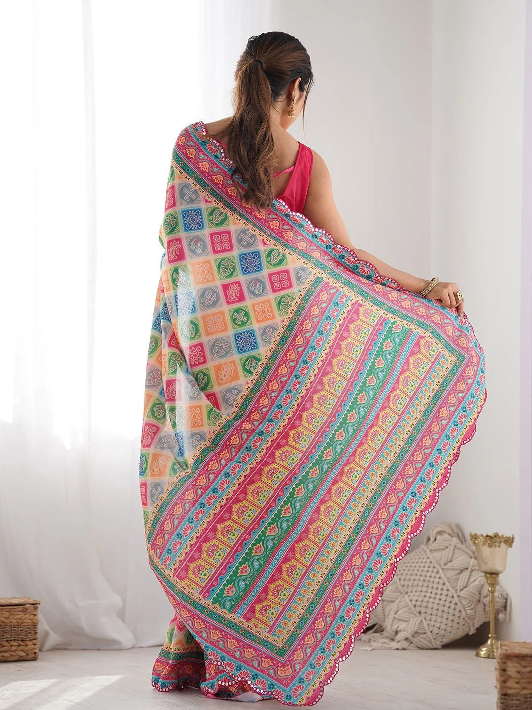 SHYAMIKA Multicolor Digital Print Georgette Saree with Mirror Lace