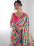 SHYAMIKA Multicolor Digital Print Georgette Saree with Mirror Lace